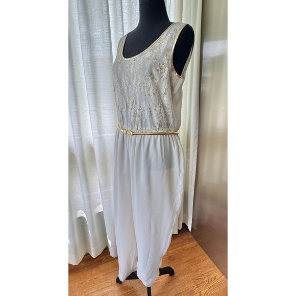 Vintage 80s jumpsuit, off-white, gold metallic lace, elastic waist & golden belt - Picture 4 of 10
